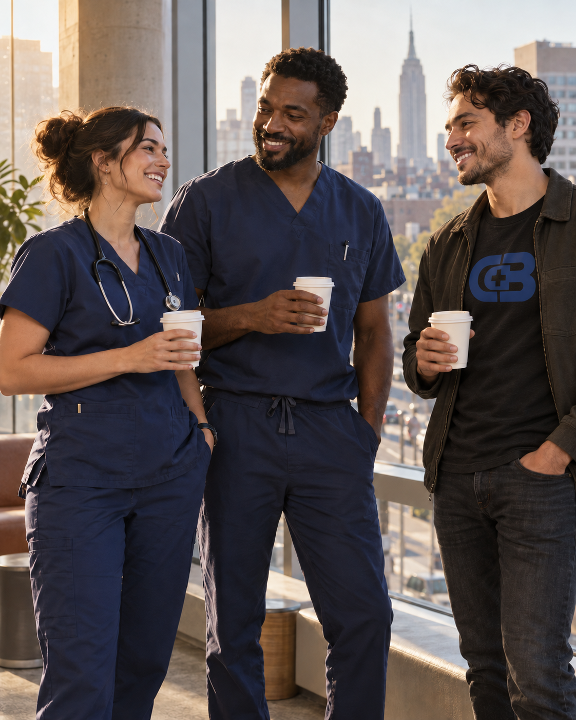 Two healthcare workers and an everyday coffee customer together in New York