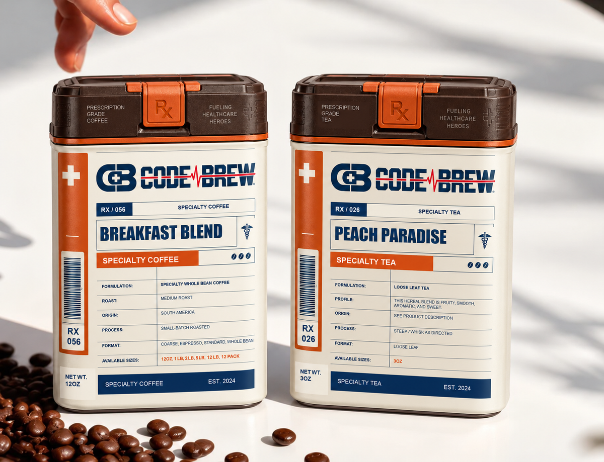 Real Code Brew coffee and tea pouches on a sunlit table