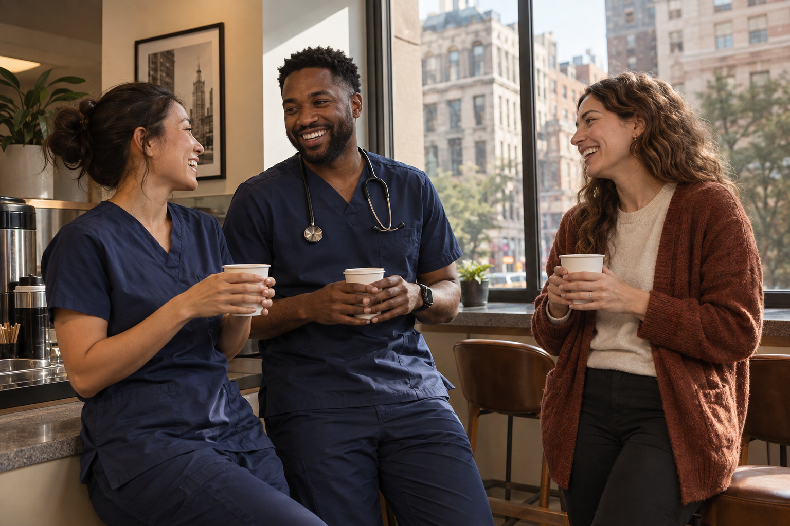 Two New York healthcare workers and a friend sharing coffee