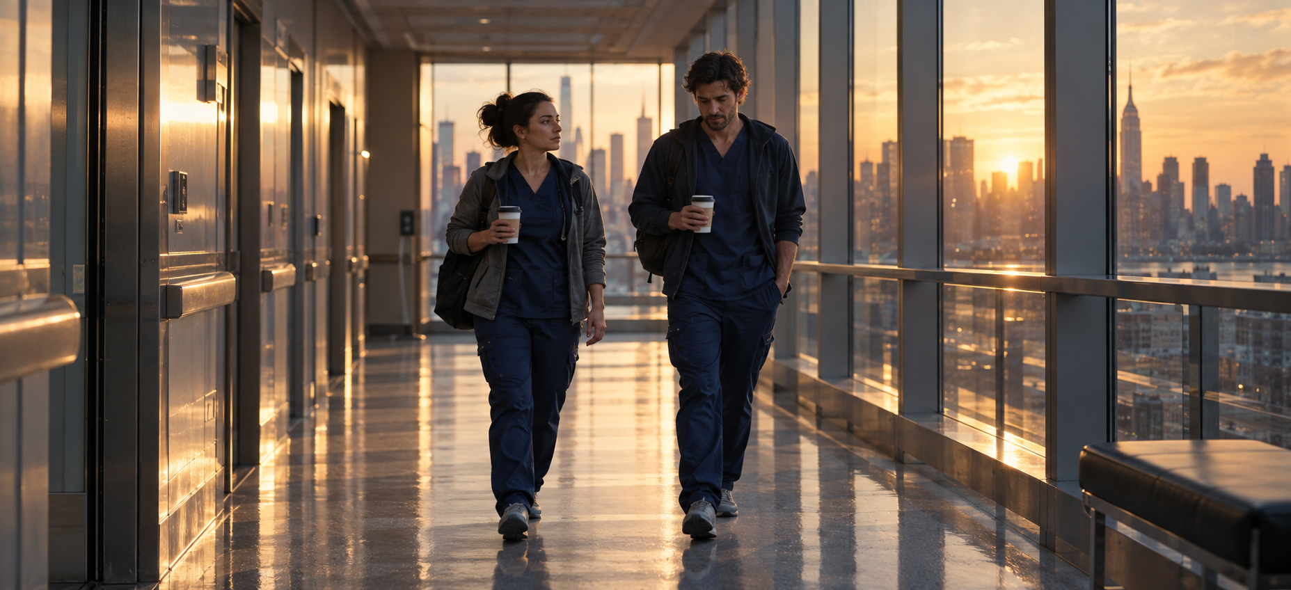 Healthcare workers walking through a New York hospital at dawn