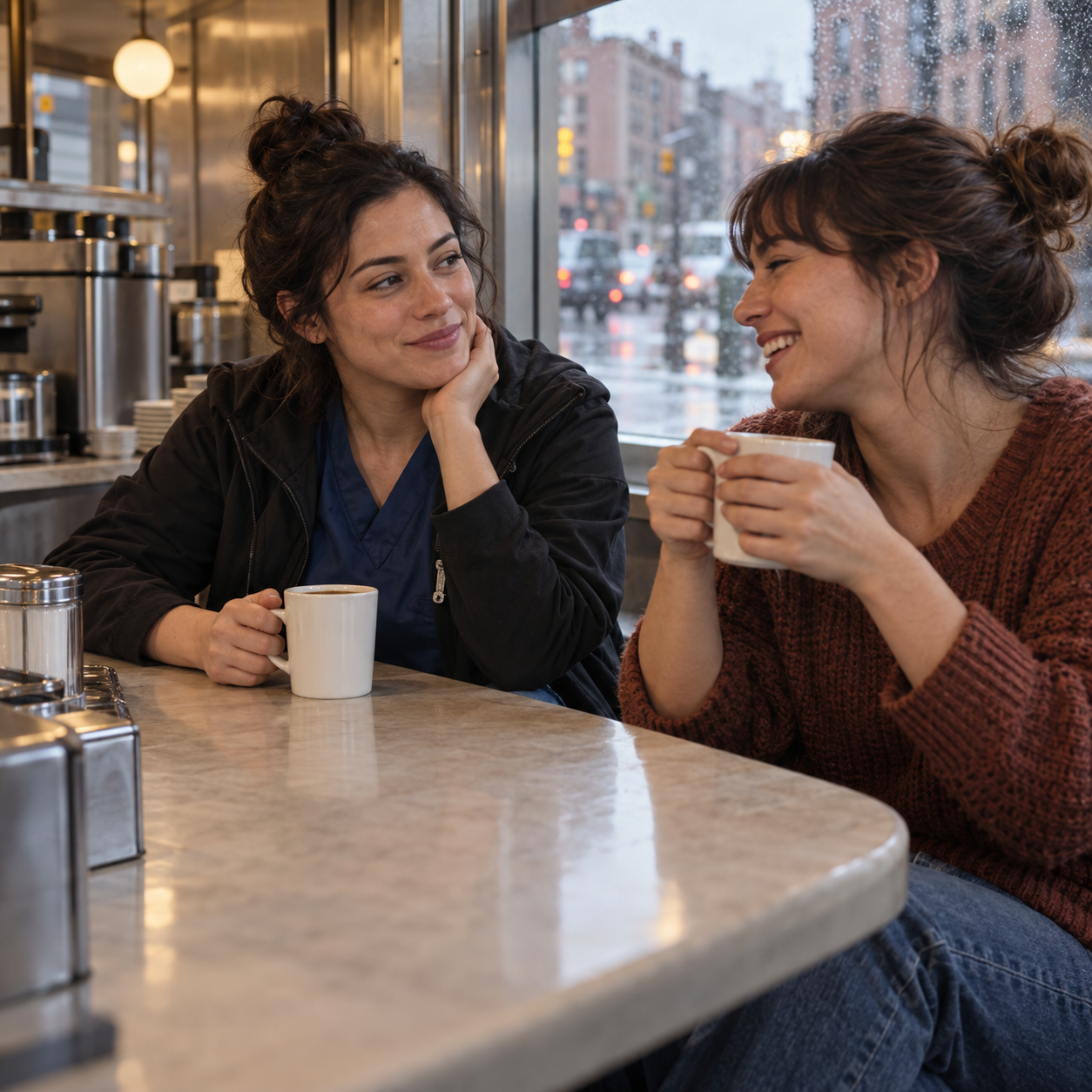 An off-duty New York healthcare worker sharing coffee with a friend